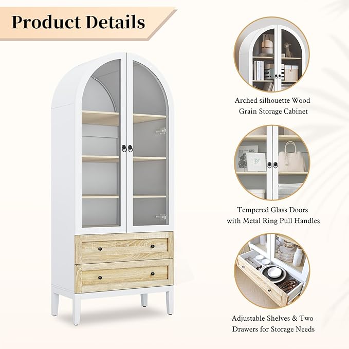 HLR 71" Tall Arched Storage Cabinet, Modern Farmhouse Kitchen Pantry Cabinet with Glass Doors and 2 Drawers, Versatile Display Cabinet for Kitchen, Dining Room, Living Room