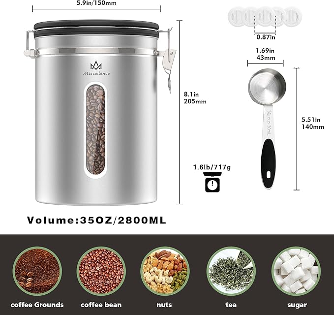 35OZ Airtight Coffee Canister with Lid - 304 Stainless Steel Kitchen Food Storage Container with Window, Date Tracker & Spoon, Suitable for Coffee Beans, Ground Coffee, Tea & Sugar