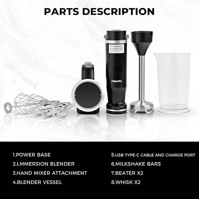Pukomc Hand Mixer,5-in-1 Multifunctional Portable Charging Device Hand Blender,with lmmersion Blender and Beater,Whisk,Milkshake Bars,Blender Vessel,Easy to Clean