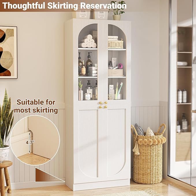 Cyclysio 80" Kitchen Pantry Cabinet, Tall Arch Storage Cabinet with Glass Doors, Freestanding Wood Floor Cupboard Bookcase with Seamless Fit Wall for Dining Room, Living Room, Bathroom (White)