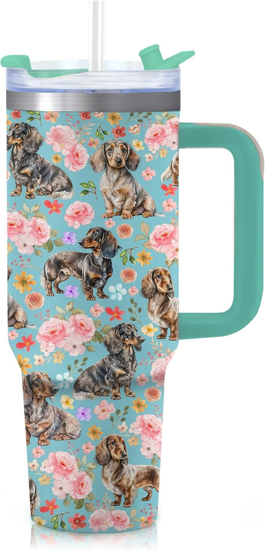 Yogusut Dachshund Gifts for Women, 40oz Stainless Steel Insulated Tumbler Travel Mug Cup with Handle Straw, Gifts for Dog Mom Dog Lover
