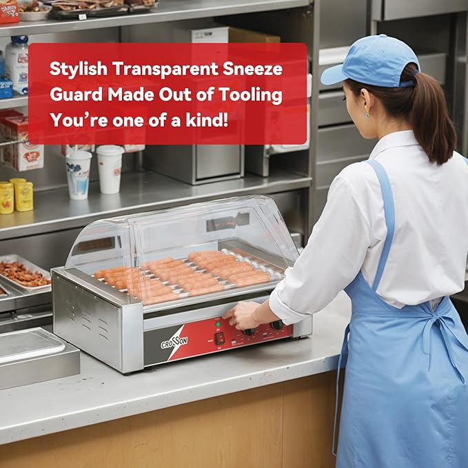 CROSSON Hot Dog 9 Roller Grill Cooker Machine with Transparent Sneeze Guard,9 Nonstick 304SS Rollers and Dual Temp Control,Commercial Hot Dog Cooker Machine-120V, 1350W