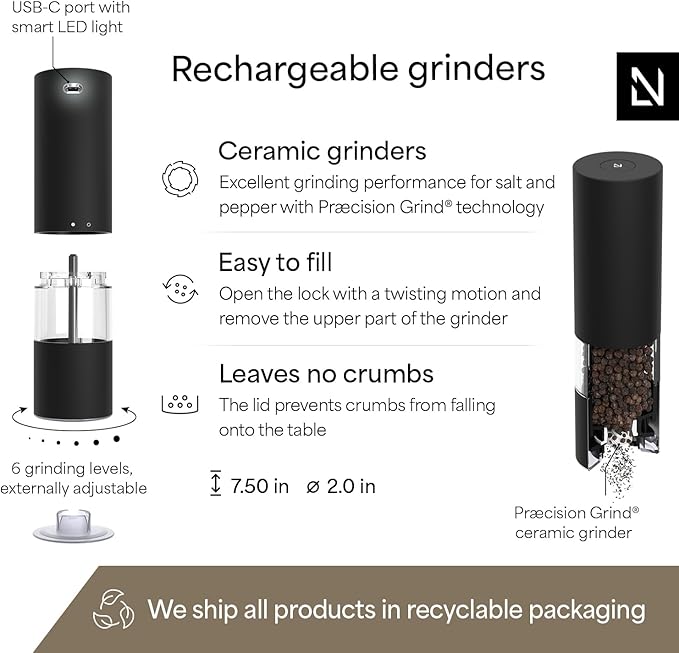 LARS NYS횠M Electric Salt and Pepper Grinder Set I Automatic Salt and Pepper Mills with Adjustable Ceramic Grinder I USB Rechargeable Electric Spice Mill Set with LED Light (Carbon Black)