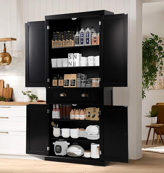 72" Kitchen Pantry Storage Cabinet, Freestanding Cupboard with 2 Cabinets, Drawer and Adjustable Shelves, Tall Storage Cabinet for Kitchen, Dinning Room, Living Room (Black)