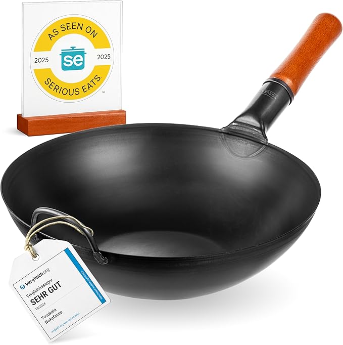 YOSUKATA 13.5" Carbon Steel Wok Pan ??Pre-Seasoned Flat Bottom Pow Wok for Stir Fry, BBQ, Grill & Camping ??Traditional Japanese Chinese Cookware ??Compatible with Induction, Electric, Gas, Open Fire