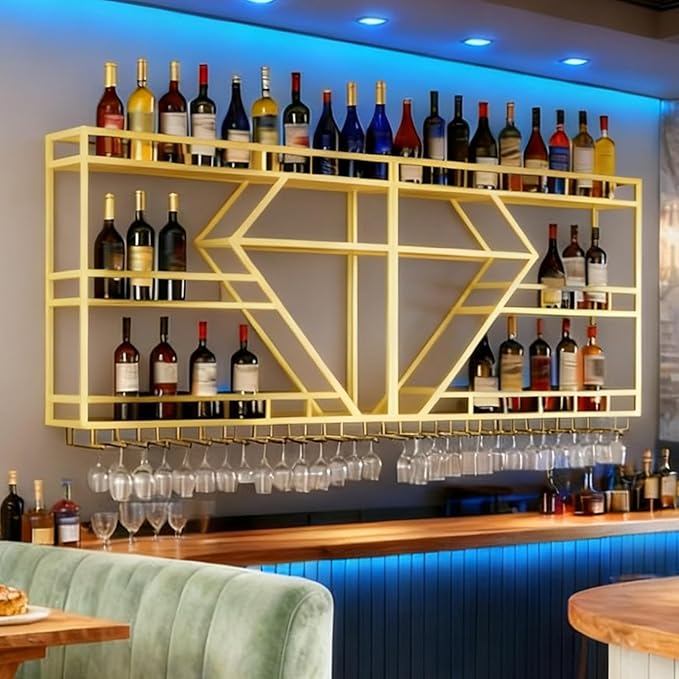 95in Large Wall Mounted Wine Rack, 4 Tier Modern Diamond Shaped Floating Bar Wine Storage Display Shelf, Metal Industrial Liquor Bottles Shelves Wine Glass Holder (Gold, 3 Tier,95in)
