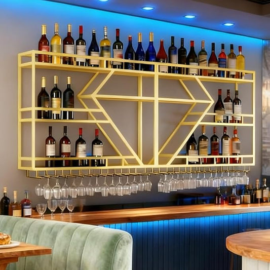 95in Large Wall Mounted Wine Rack, 4 Tier Modern Diamond Shaped Floating Bar Wine Storage Display Shelf, Metal Industrial Liquor Bottles Shelves Wine Glass Holder (Gold, 3 Tier,95in)