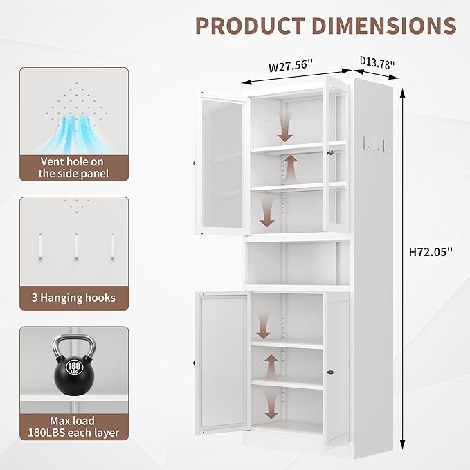 Kitchen Pantry Cabinet with Microwave Stand, 72" Tall Kitchen Hutch Storage Metal Pantry for Kitchen Dining Room Living Room Bathroom,Assembly Required (White)