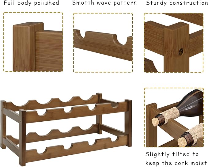 BAMEOS Bamboo Wine Rack, 2 Tier Wine Racks Countertop Storage, Wine Bottle Holder Wine Rack freestanding Floor for Kitchen, Bar, Pantry, Wine Cellar, Basement,Study竊똌aroon (16.85 L x 9.25W x 7H)
