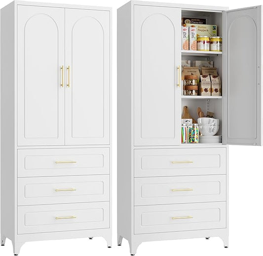 Metal Kitchen Pantry Cabinet with 3 Drawers竊?5 Inch White Food Pantry Cabinets for Kitchen Storage with 2 Adjustable Shelves,Tall Storage Cupboard for Living Room,Dining Room Office