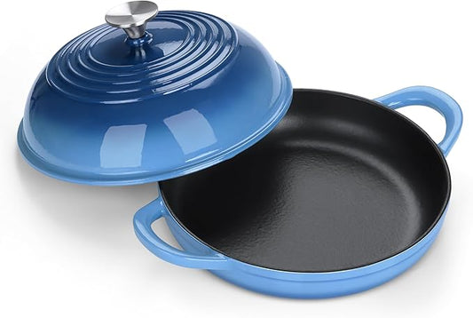E-far Dutch Oven for Sourdough Bread Baking, 6 Qt Round Enameled Cast Iron Dutch Oven for Homemade Artisan Bread, Dome Lid & Shallow Base, Matte Black Interior & Durable, Oven-Safe to 500?? Blue