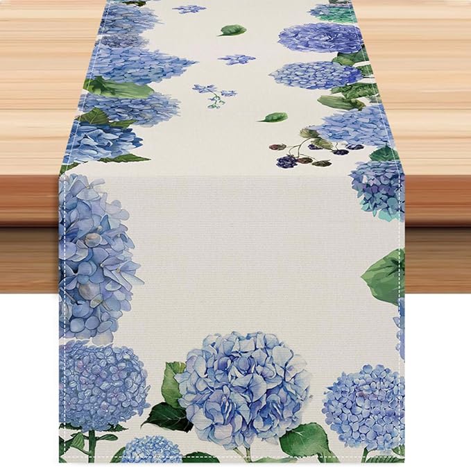 ZCHOMI Purple Hydrangea Table Runner 13x72 Inch Seasonal Spring Summer Green Plants Kitchen Dinning Table Decoration for Indoor Outdoor Birthday Home Party Decor