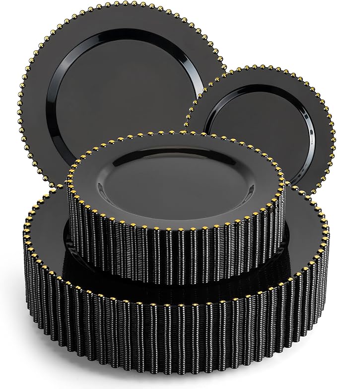 EI 60pcs Black Plastic Plates,Black and Gold Plastic Plates Disposable,Fancy Heavy Duty Plate for Party,Birthday,Anniversary,Wedding,Afternoon Tea,Business Events,Hotel Banquets
