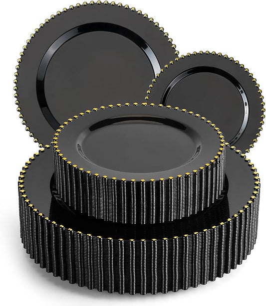 EI 60pcs Black Plastic Plates,Black and Gold Plastic Plates Disposable,Fancy Heavy Duty Plate for Party,Birthday,Anniversary,Wedding,Afternoon Tea,Business Events,Hotel Banquets