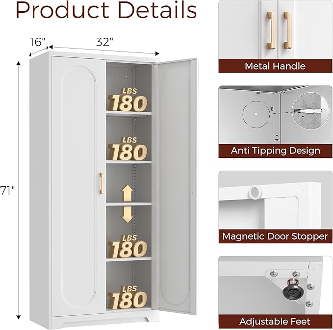 71" White Pantry Cabinet with Doors, Tall Metal Kitchen Pantry Storage Cabinet with 4 Adjustable Shelves and Gold Handles, Cupboard for Laundry, Dining Room, Living Room, Bathroom
