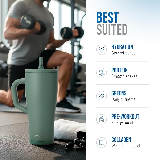 Ice Shaker 32 oz Tumbler with Handle and Straw | 32oz Aura | Cold for 30+ Hours | 2-in-1 Tumbler Shaker Bottle | Odor-Free 32 ounce Bottle for Water, Protein Shakes, Smoothies, Cocktails
