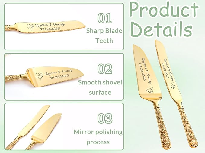 HJX Personalized Cake Knife and Server Set for Wedding - Engraved Stainless Steel Cake Cutting Set, Custom Elegant Cake Cutter Gift for Anniversary Birthday (03-Dark pattern flower)