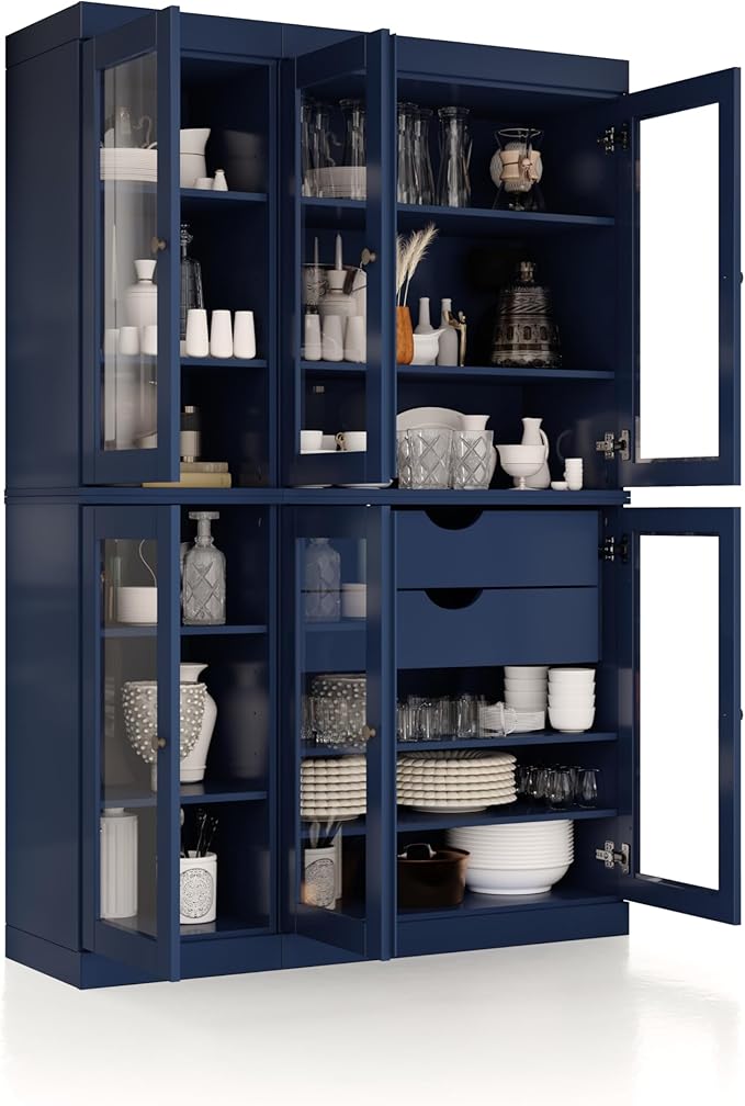 Palace Imports 100% Solid Wood 48.5" Pantry China Cabinet with Clear Glass Doors, 2-Drawers and Adjustable Shelves (Navy Blue)