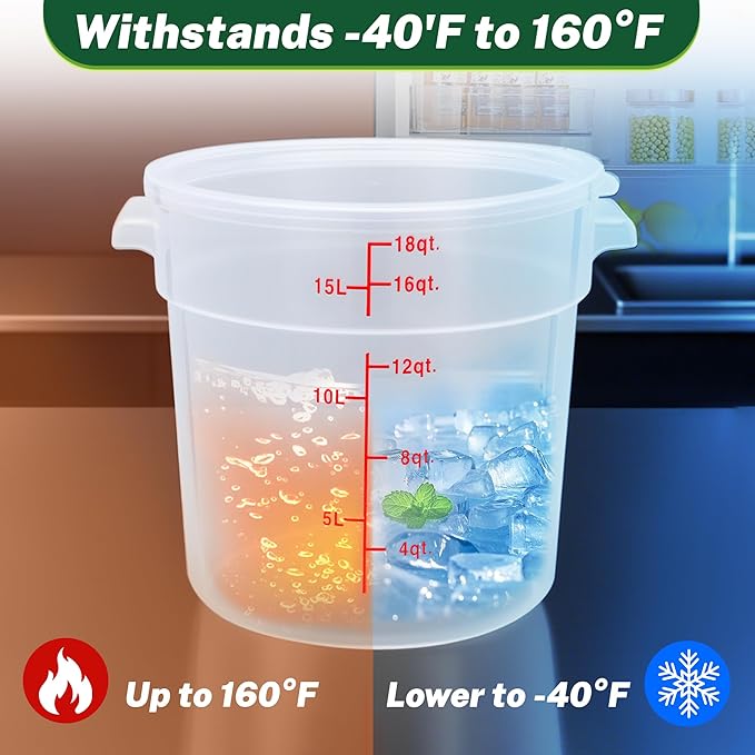 Round Food Storage Container with Lid竊?8 Qt Translucent竊?Commercial 4 Pack of ??NSF Listed, BPA-Free, Polypropylene, Non-Stick竊?Scale, with Labels & Measuring Cups
