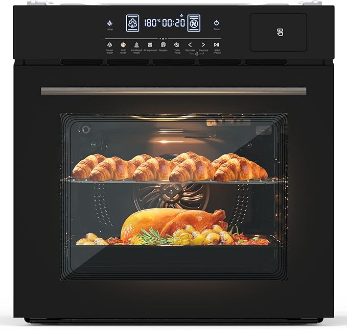 24" Built-in Single Wall Oven, 2.5 Cu.Ft (70L) Capacity - Electric Oven with Steam Bake, Air Fry & 3D Convection, Touch Controls, Timer, Safety Lock, Triple-Layer Glass Door, 3000W 240V, Black