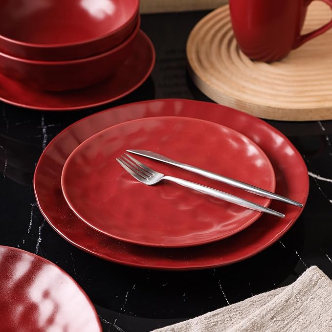 Stone Lain Sam Porcelain 32-Piece Round Dinnerware Set, Red