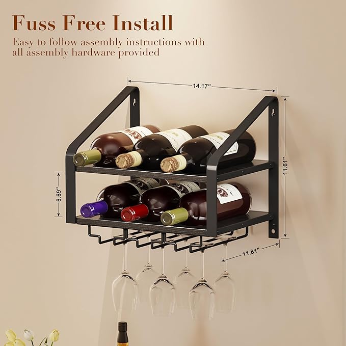 Wall Mounted Wine Rack for 6 Wine Bottles and 6 Glass Holder, 2-Tier Wall Wine Rack, Wood Wine Racks for Wall, Wood-Metal Wine Bottle Holder for Home Bar, Wine Kitchen Storage (Black)