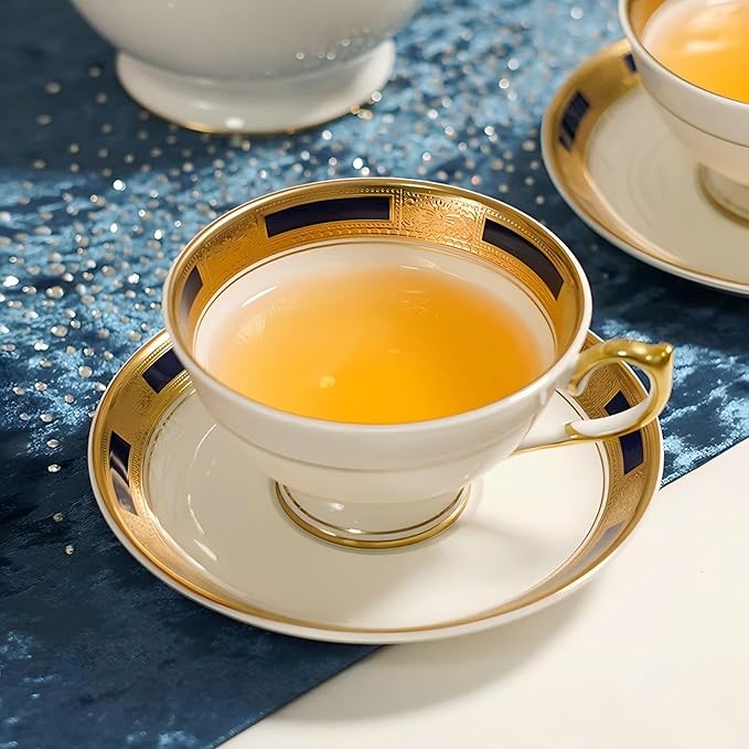 Aynsley Empress Athens Tea Cup and Saucer Set ??180ml Bone China ??Hand-Painted 24K Relief Gold Rim & Handle ??Elegant Tea Set for Weddings, Anniversaries, Luxury Gifting (Cobalt)
