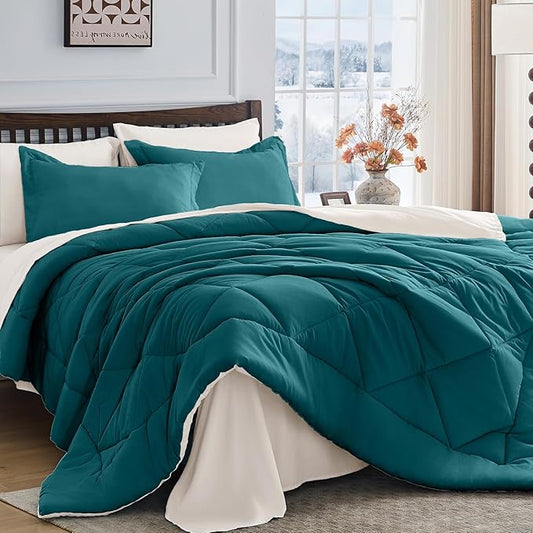HEVUMYI Twin Comforter Set - 5-Piece All Season Bed in a Bag Twin, Ultra Soft Bedding Set with Comforter, Flat Sheet, Fitted Sheet, Pillowcases, Pillow Shams, Peacock Blue & Ivory