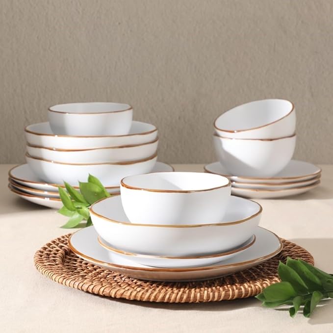 Gibson Home Hazeltine 16-Piece White Stoneware Dinnerware Set ??Plates and Bowls, Durable Ceramic Kitchen Dinner Set