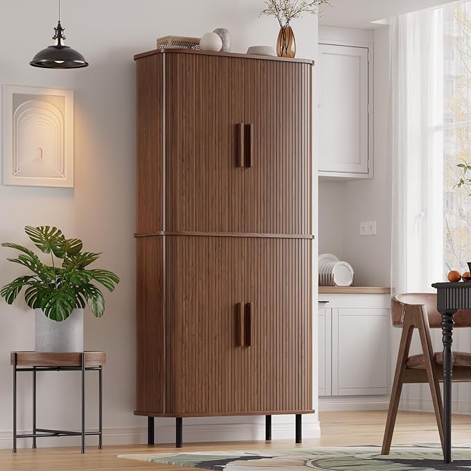 ONBRILL 71" Fluted Pantry Cabinet, Tall Kitchen Pantry Storage Cabinet with 2 Pegboards, 4 Hooks & Adjustable Shelves, Wood Cupboard for Kitchen, Dining Room, Living Room and Hallway, Walnut