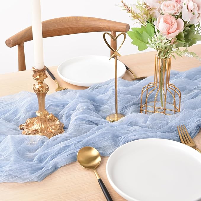 Joanlody Blue Cheesecloth Table Runner Spring Easter 10Ft Rustic Gauze Boho Cheese Cloth Table Runner for Wedding Bridal Baby Shower Decoration 4 Pack