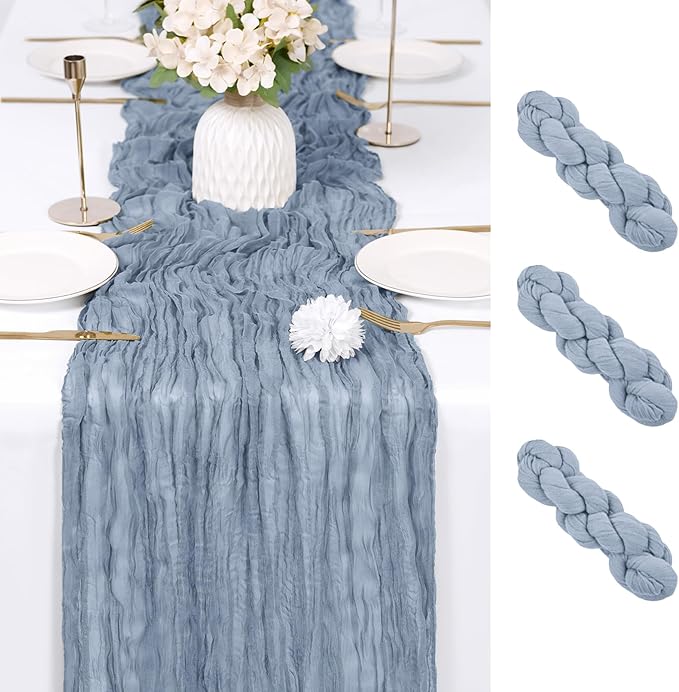RealBox 3 Pack Dusty Blue Cheesecloth Table Runner 17x108 Inch Semi Sheer Boho Gauze Cheese Cloth Fabric Table Runners Table Decor for Wedding Party Baby Shower Birthday Home Decor Garden Farmhouse