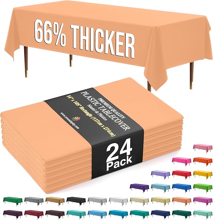 Exquisite 66% Thicker Premium Plastic Table Cloth Rectangle Table Cover 0.5 Mil 24 Pack Peach Table Cloth 54 Inch x 108 Inch Disposable Tablecloth Won't Tear Easily Like Cheap Thin Brands