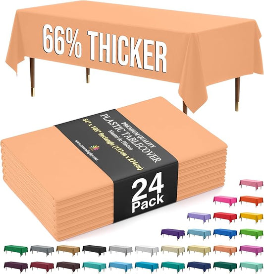 Exquisite 66% Thicker Premium Plastic Table Cloth Rectangle Table Cover 0.5 Mil 24 Pack Peach Table Cloth 54 Inch x 108 Inch Disposable Tablecloth Won't Tear Easily Like Cheap Thin Brands