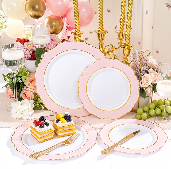 WDF 60pcs Pink Dessert Plates - 7.5inch Baroque Pink &White Disposable Dessert/Appetizer Small Cute Cake Plates for Upscale Parties &Wedding-Special for Bridal Shower, Brithday, Valentine's Day
