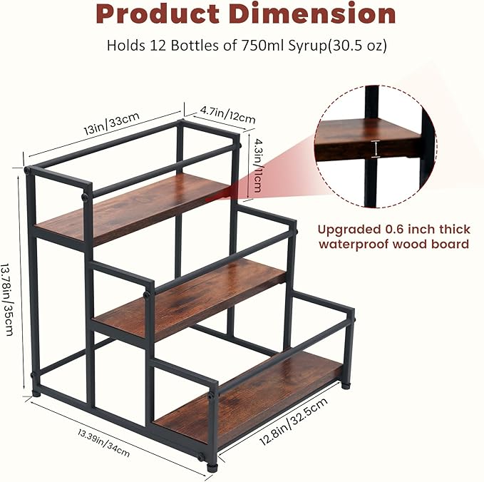 Coffee Syrup Rack Organizer - Metal Bottle Holder for 12 Bottles ??Rustic Countertop Display Shelf for Coffee Bar, Kitchen Cabinet, Pantry Storage for Syrups, Liquor, Spice, Tea & Wine (3-Tier)