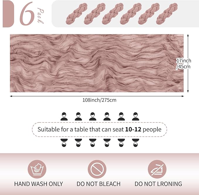RealBox 6 Pack Dusty Pink Cheesecloth Table Runner 17x108 Inch Semi Sheer Boho Gauze Cheese Cloth Fabric Table Runners Table Decor for Wedding Party Baby Shower Birthday Home Decor Garden Farmhouse