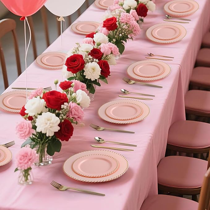 EI 60pcs Pink Plastic Plates with Gold Rim,Pink Party Plates Disposable,Heavy Duty Dinner/Dessert Fancy Elegant Plate for Wedding,Birthday,Afternoon Tea