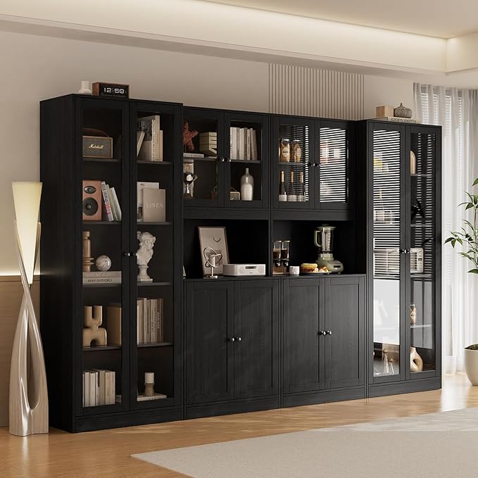 VOWNER 4PCS Bookshelf and Bookcase, 5-Tier Modern Bookshelves, Glass Display Cabinet with Lager Storage Shelf, Combination Storage Shelves for Home Office (AACC)