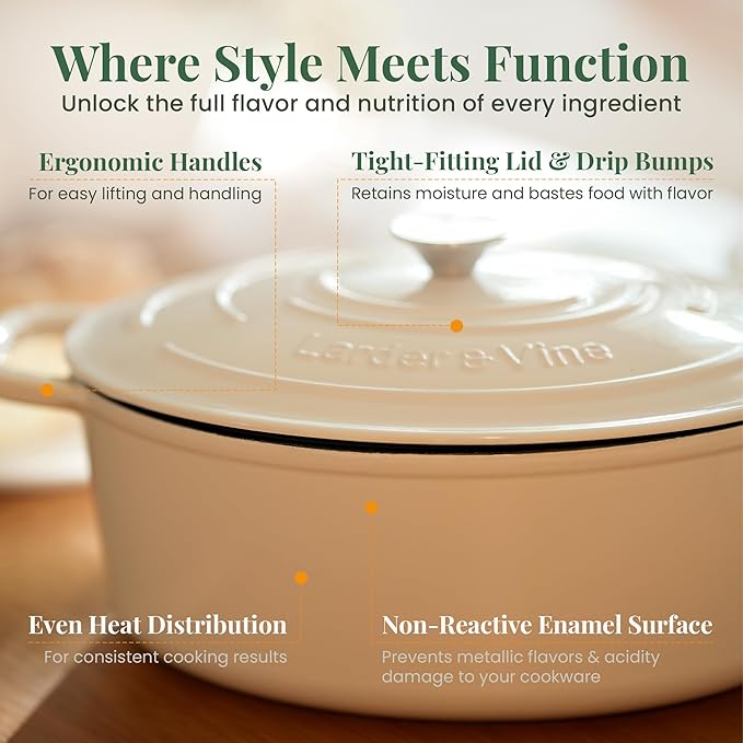 Larder & Vine Enameled Cast Iron 8 qt Dutch Oven Pot with Lid | Bread Baking | Compatible on All Cooktops & Oven Safe to 500째 F | Great for Sourdough Bread | White
