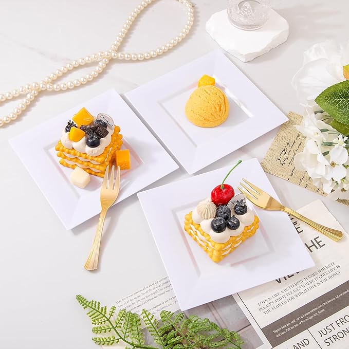 supernal 200Pcs White Dessert Plates 6" with Gold Plastic Forks 5.7",White Disposable Square Plates for 100 Guests, Including 100 Plastic Appetizer Plates and 100 Dessert Forks for Party
