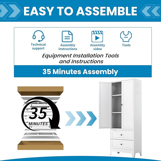 White Steel Pantry Cabinet with 2 Drawers & 2 Adjustable Shelves, Tall Metal Storage Cabinets for Kitchen, Living Room, Bathroom, Heavy Duty Freestanding Utility Cabinet, Assembly Require