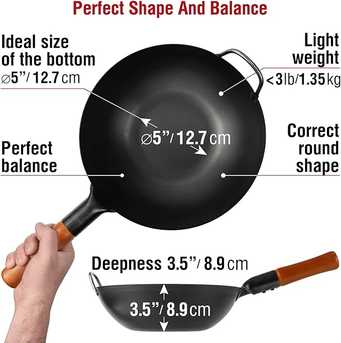 YOSUKATA 11.8" Carbon Steel Wok Pan ??Pre-Seasoned Flat Bottom Pow Wok for Stir Fry, BBQ, Grill & Camping ??Traditional Japanese Chinese Cookware ??Compatible with Induction, Electric, Gas, Open Fire