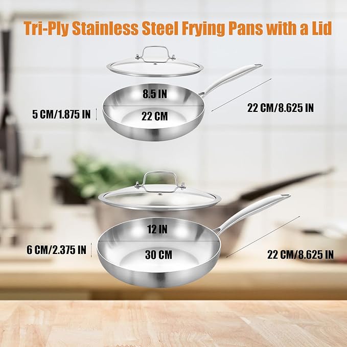 Inqibee 8.5-12 Inch Tri-Ply Stainless Steel Frying Pans Set with Lids,Skillets,Induction Cooking Pans,Pots and Pans Set,Dishwasher and Oven Safe,Detachable Handle