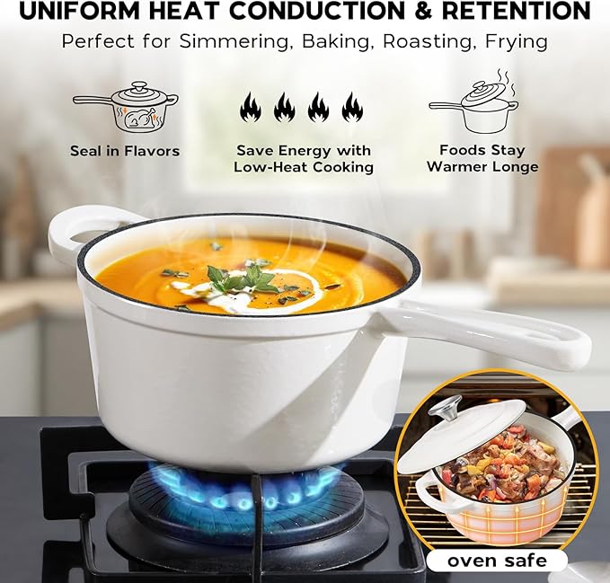 Onader 2 Quart Saucepan Dutch Oven, Enameled Cast Iron Sauce Pan Pot with Lid, Small Cooking Kitchen Pot, Nonstick & Oven Safe ??White