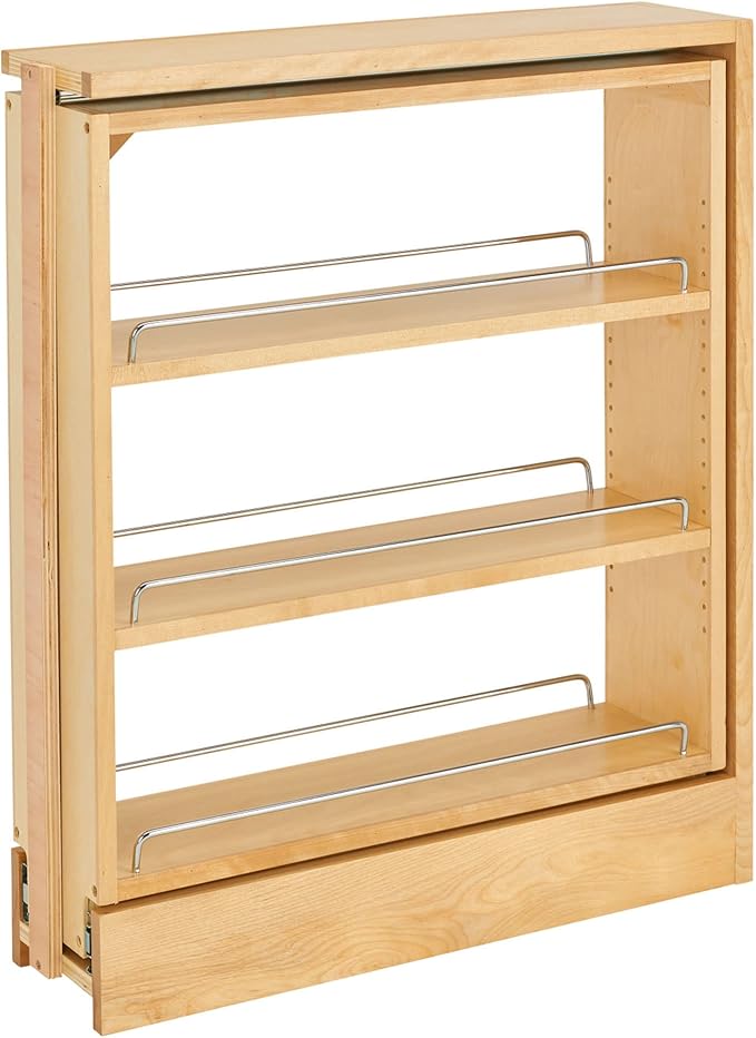 Rev-A-Shelf 6" Pull Out Shelf Organizer for Between Base Kitchen Cabinets, Adjustable Filler Spice Rack Seasoning Storage Holder, Wood, 438-BC-6C
