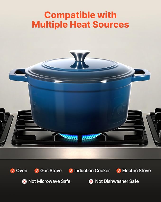 VEVOR Enameled Cast Iron Dutch Oven, 6 Quart Pot with Lid and Dual Handles, Heavy-Duty Durable Cookware Pan, Oven Induction Compatible up to 500?? for Braising, Stews, Roasting, Bread Baking, Blue