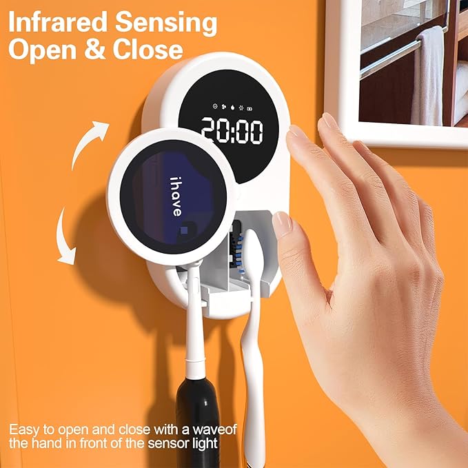 iHave Toothbrush Sanitizer Holder, UV Toothbrush Holders with 100M Negative Ions for 360째 Disinfection, Mold Control & Odor Neutralization, Heated & Fan Drying 2-Slot Toothbrush Holder Wall Mounted