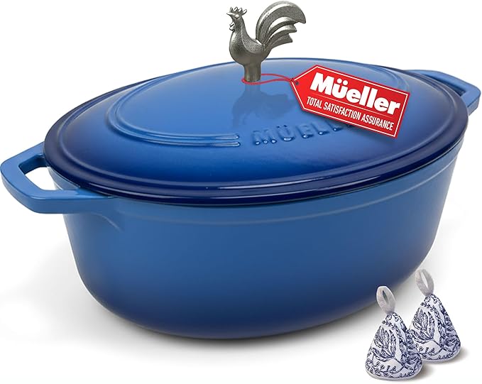 MUELLER HOME 5.5 Quart Enameled Cast Iron Oval Dutch Oven w Rooster Knob & Cotton Potholders, Heavy-Duty Cookware, Oven-Safe up to 500째 F & Across All Cooktops, Gifts for Grandma & Women, Aqua Blue
