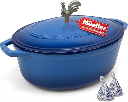MUELLER HOME 5.5 Quart Enameled Cast Iron Oval Dutch Oven w Rooster Knob & Cotton Potholders, Heavy-Duty Cookware, Oven-Safe up to 500째 F & Across All Cooktops, Gifts for Grandma & Women, Aqua Blue